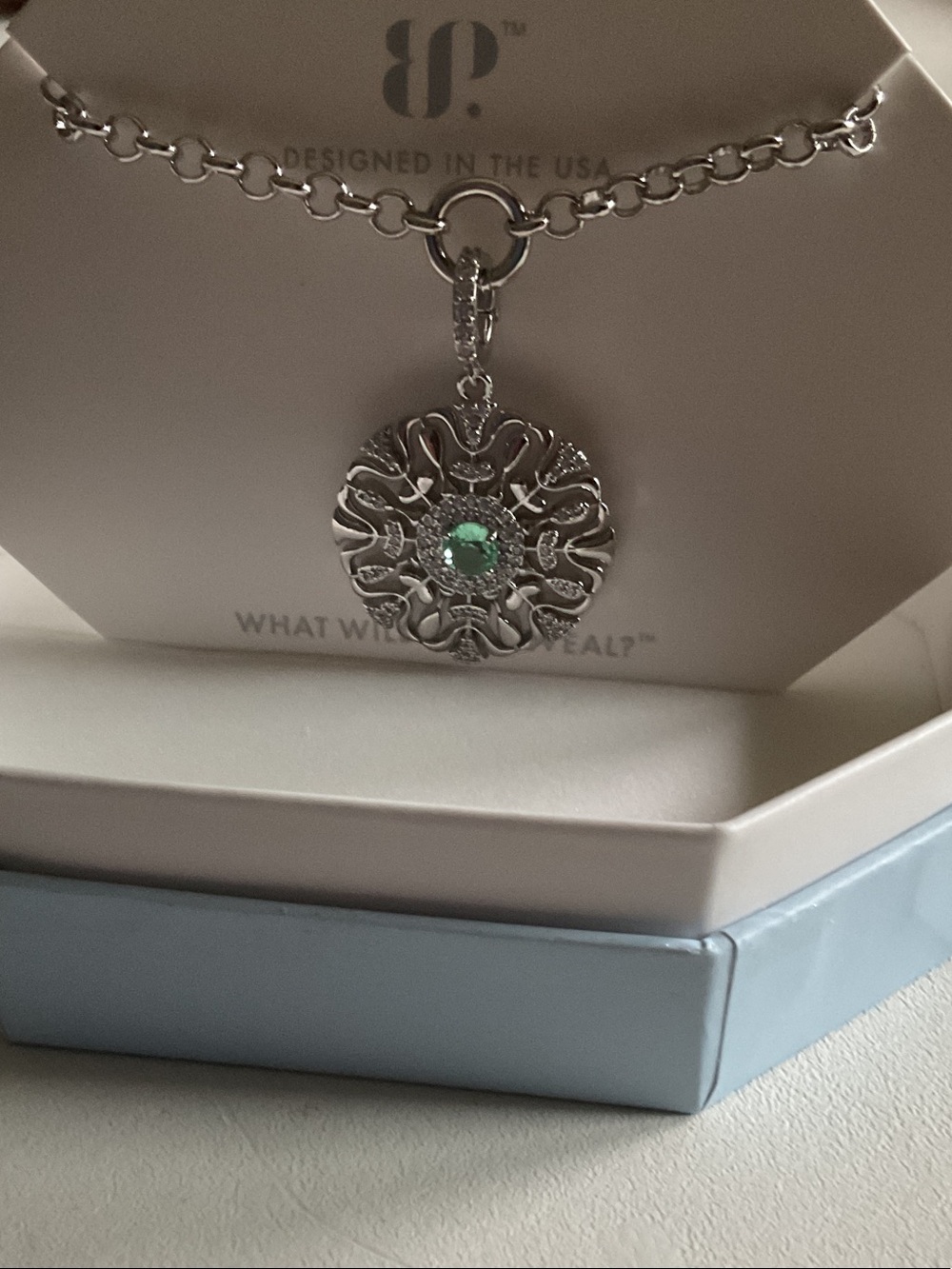 bp Silver-Tone Filigree Pendant Necklace with Green Stone